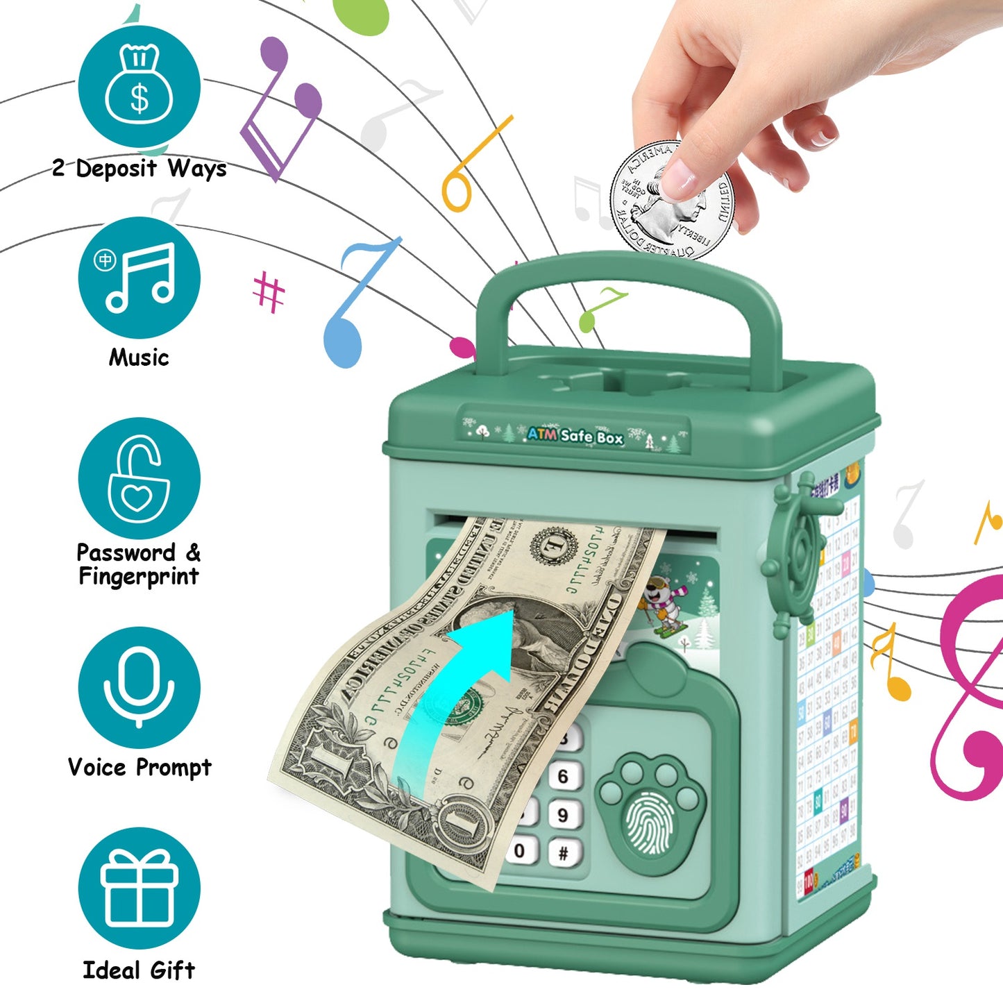 Piggy Bank Toy Cash Coin Money Bank Money Saving Box with Password Fingerprint Voice Prompt Folding Handle for 3+ Years Old Boys Girls
