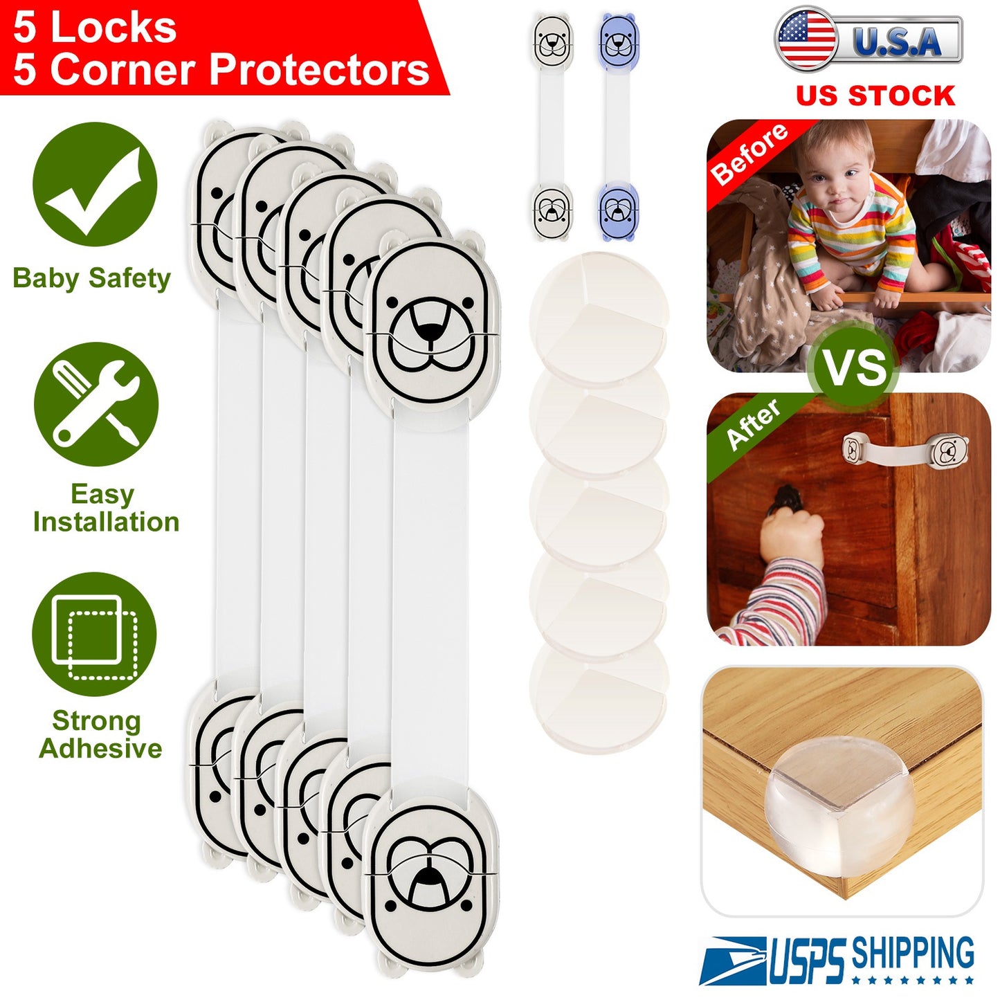 5Pcs Kids Safety Locks w/ 5 Furniture Corner Protectors Drawer Cabinet Strap Locks Baby-Proof Adhesive Fridge Latches Locks