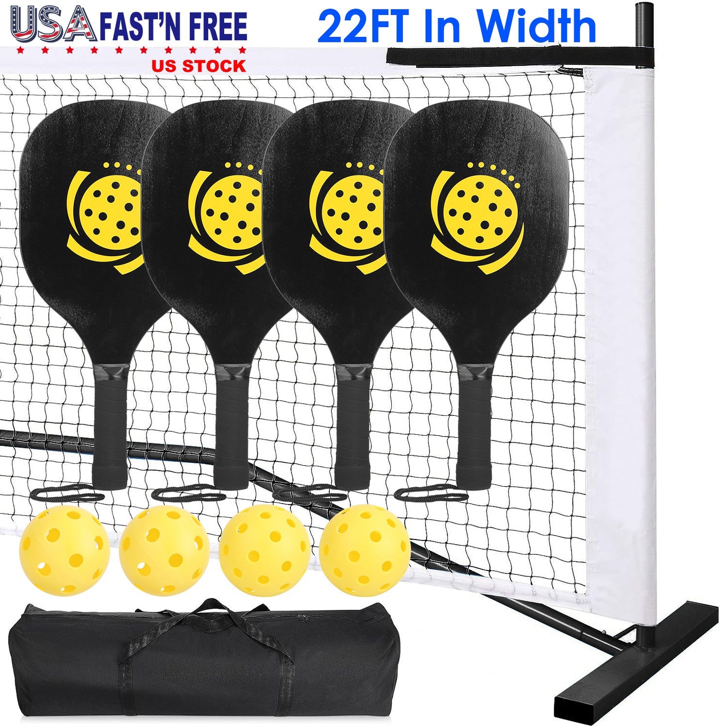 Portable Pickleball Net Set 22ft Regulation Size Net Pickle Ball Net System with 4 Pickleballs 4 Paddles Carrying Bag for Driveway Backyard