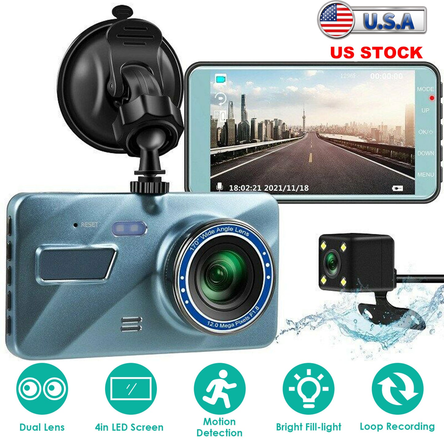 720P Dual Dash Cam Car Camera Recorder Looping Recording Car DVR Driving Vehicle Recorder with Motion Detection Light