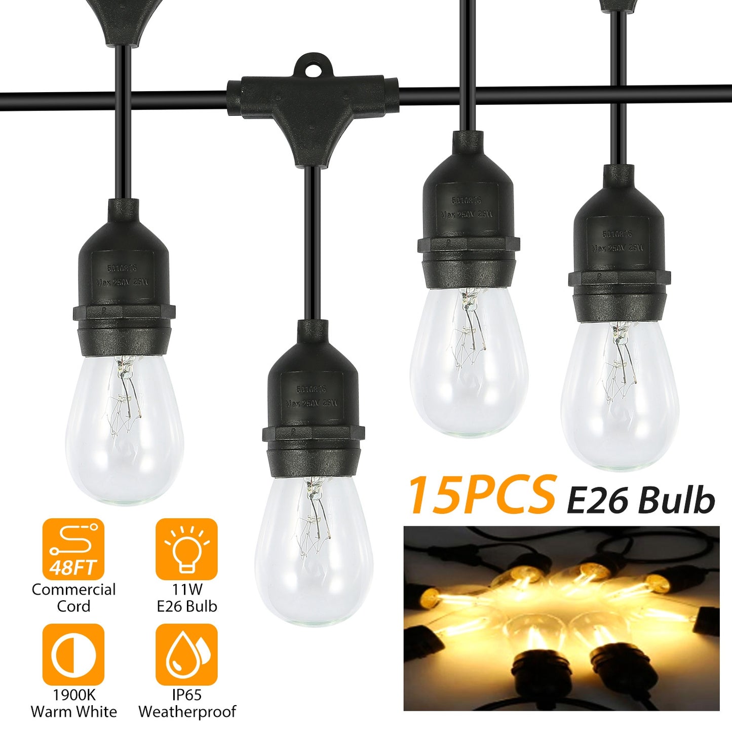 48FT Outdoor String Light Waterproof Patio String Lights Bulbs Commercial Yard Lights Garden Ambience