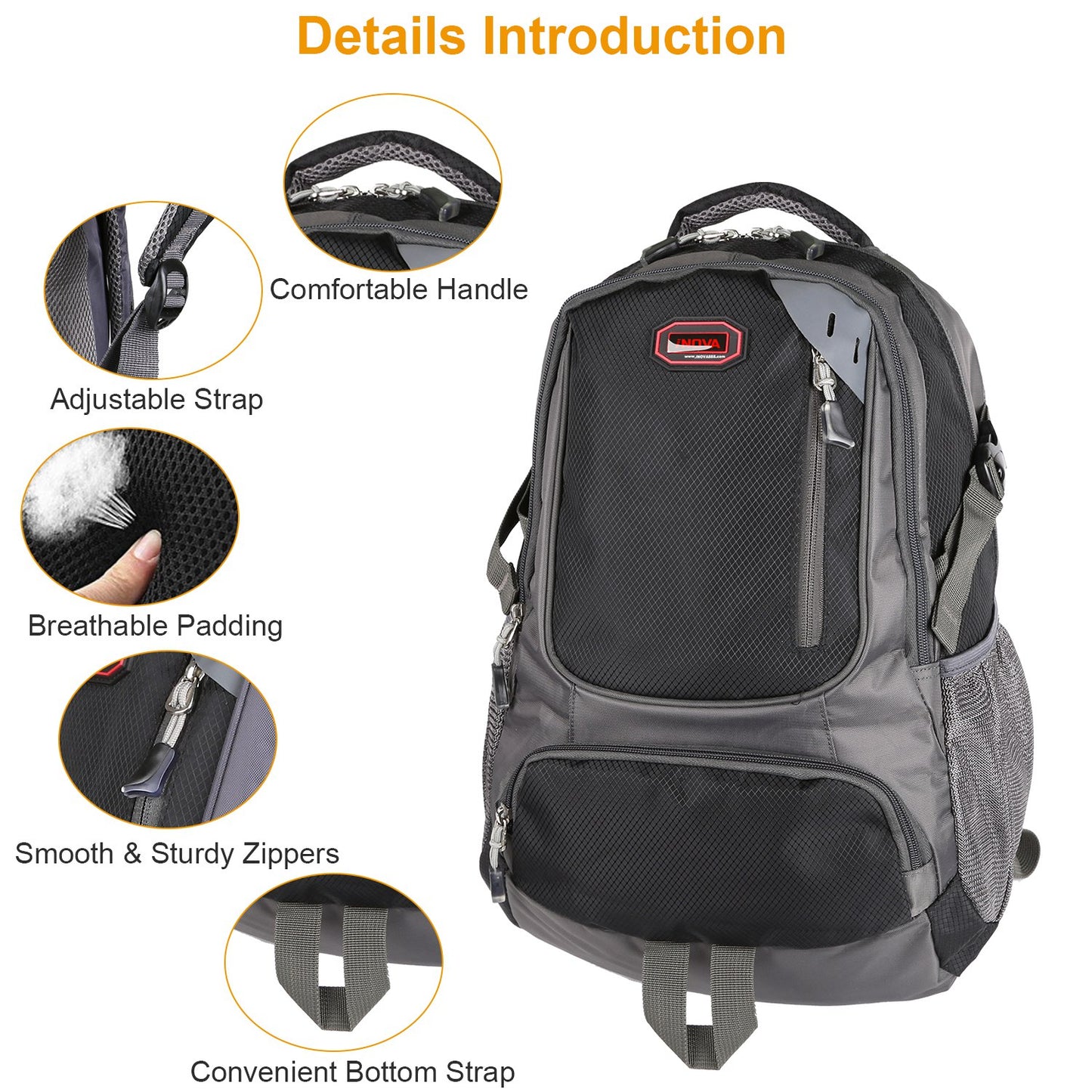 Unisex School Backpack Casual Travel Shoulder Bag W/ Adjustable Straps Dual-Water Bottle Pouch Multiple Zippered Pockets For Gym Sports Travel School