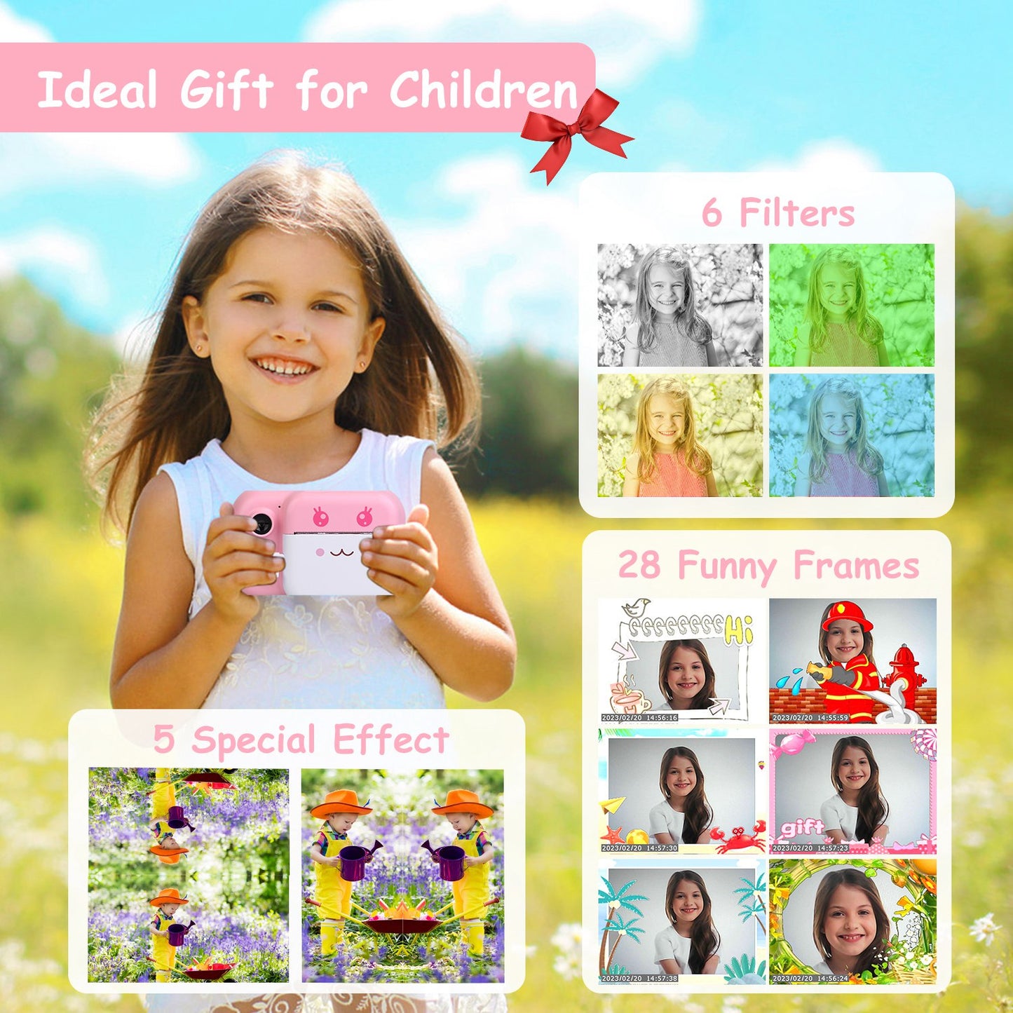 Kids Instant Print Camera 2.4in Digital Zero Ink Selfie Camera 1080P HD Video Recorder Toddler Camera with Dual Lens 3 Roll Print Papers Cute Stickers