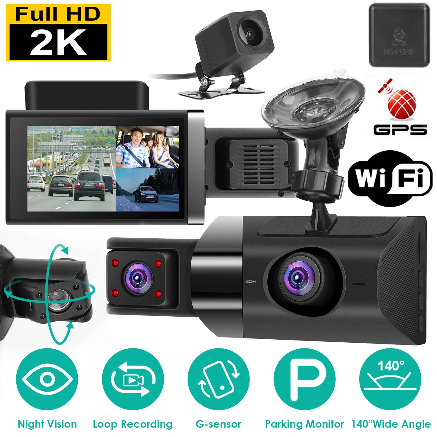 2K Car DVR 3 Channel Dash Cam Camcorder Camera Recorder with 140¡ Angle GPS WiFi Night Vision G-sensor Loop Recording Parking Monitor