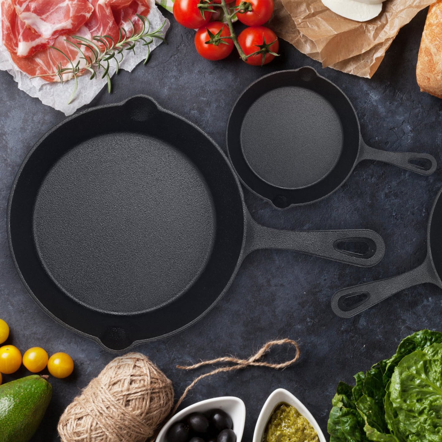 3Pcs Pre-Seasoned Cast Iron Skillet Set 6/8/10in Non-Stick Oven Safe Cookware Heat-Resistant Frying Pan for Frying SautŽing Cooking Baking