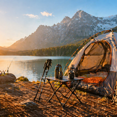 Alpine sunrise camping by the lake