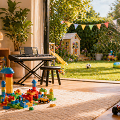 Bright playroom with backyard fun