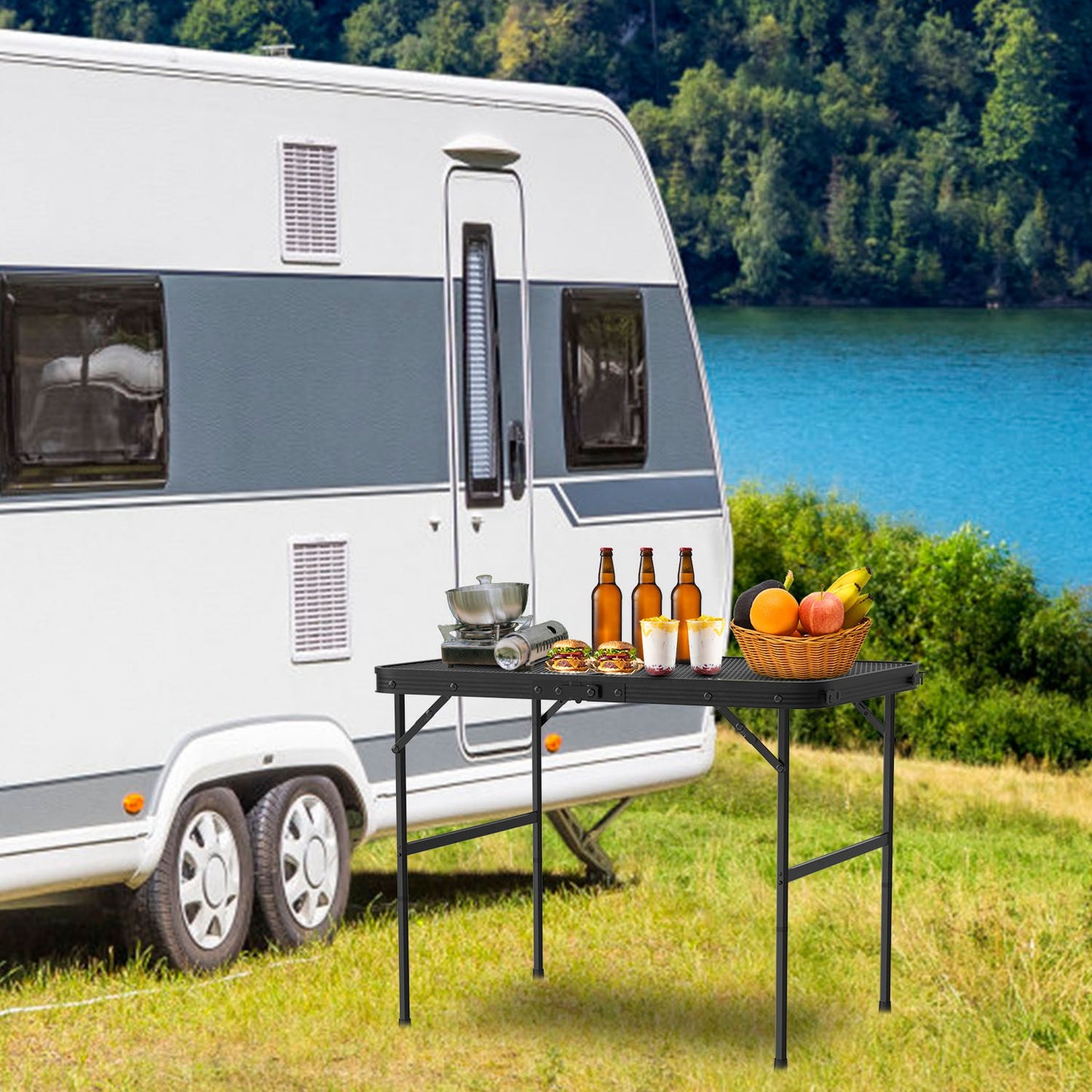 Foldable Camping Table – Height-Adjustable Aluminum Grill Stand