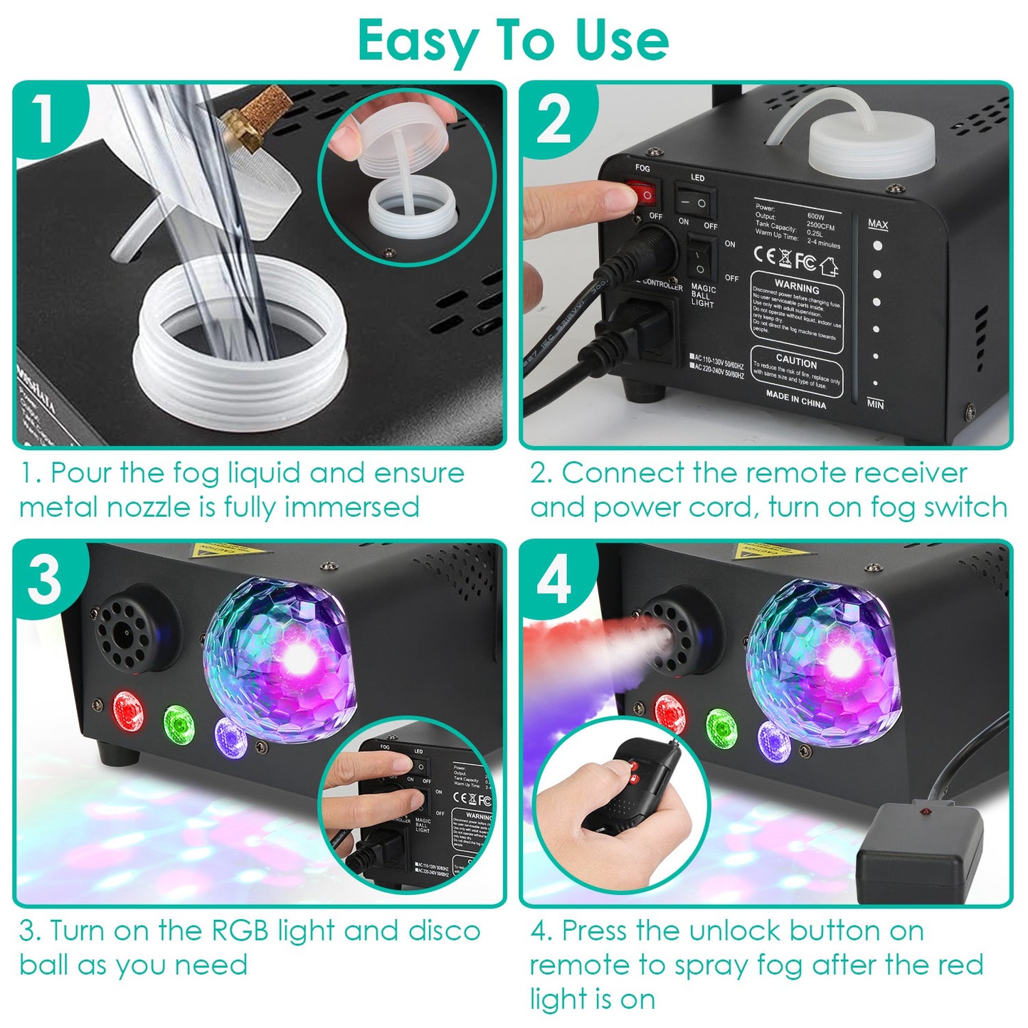 Fog Machine with Disco Ball RGB Lights 600W 6000CFM Smoke Machine with 8 Colorful Lighting Effects Wireless Remote Control for Party Wedding Stage Hal