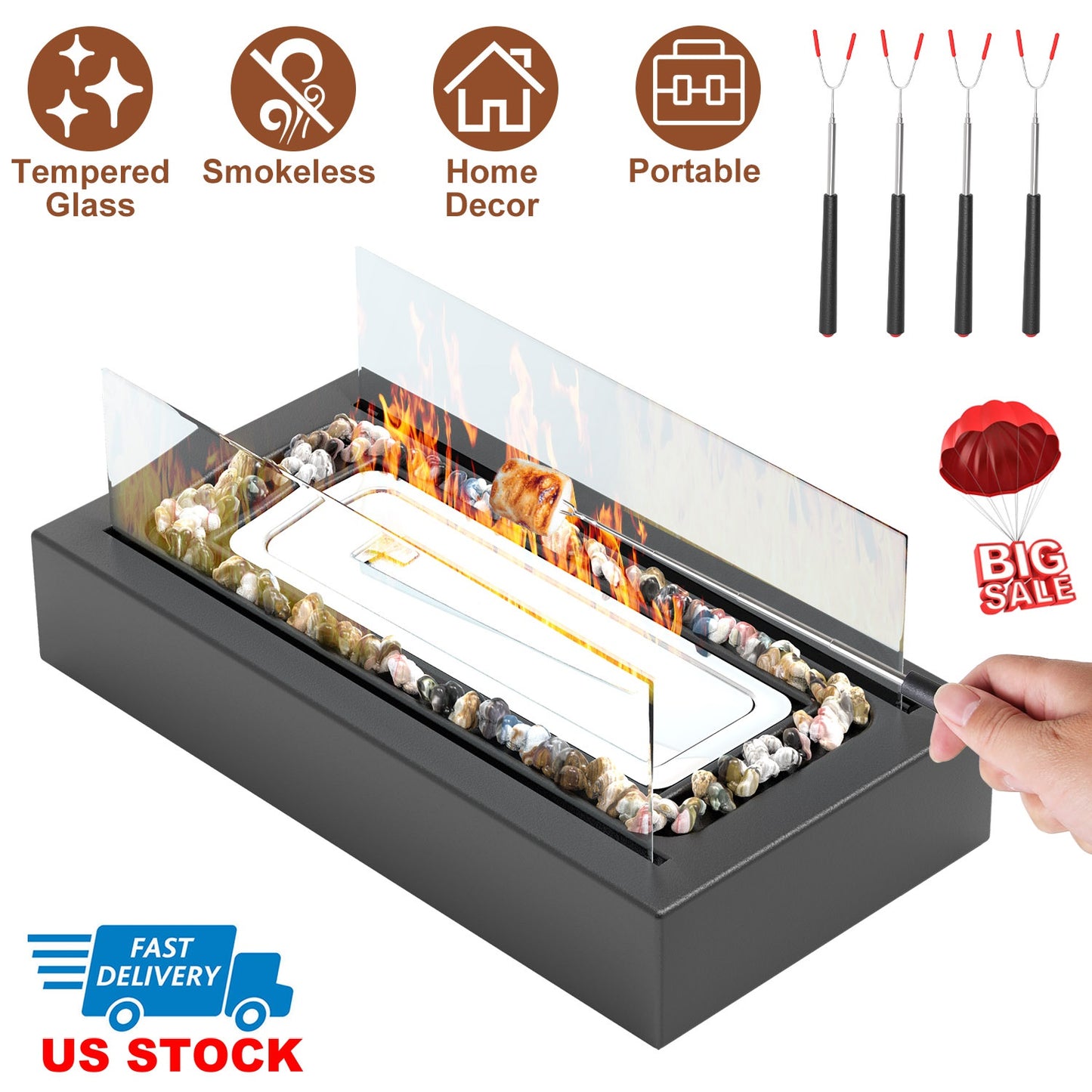 Tabletop Fire Pit With Roasting Sticks Portable Indoor Outdoor Tabletop Fireplace Ethanol Mini Fire Pit Table Top Decoration for Christmas Dinner Part