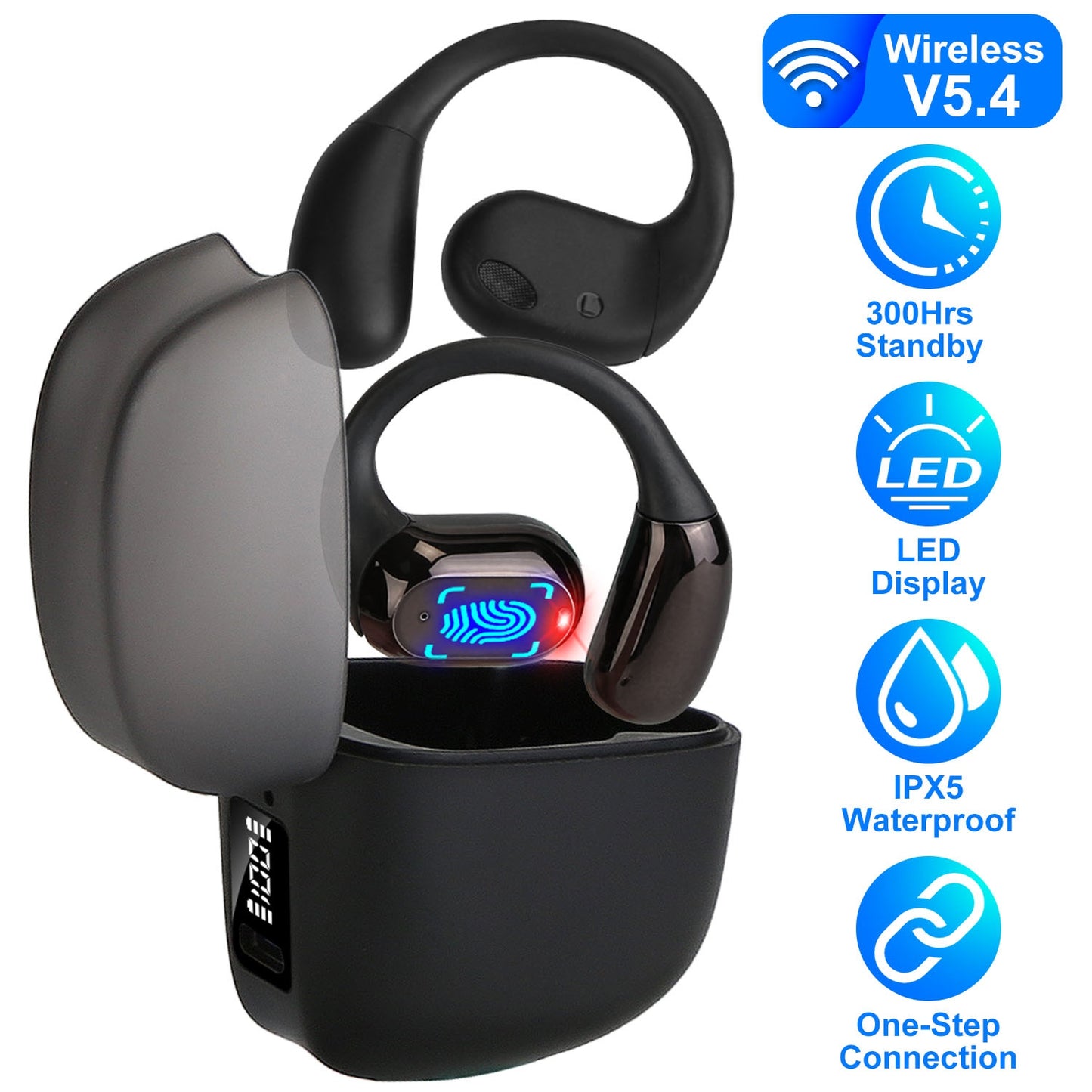 Wireless V5.4 Open Ear Earbuds with Earhook LED Display Charging Case IPX5 Waterproof 300Hrs Standby Time Touch Control Stereo Sport Headphones for Wo