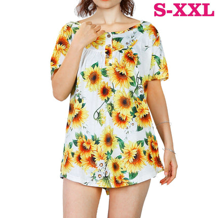 Women Summer Shirts Tops Loose Short Sleeve T Shirts Casual Floral Printed Button Shirts Blouse S-XXL