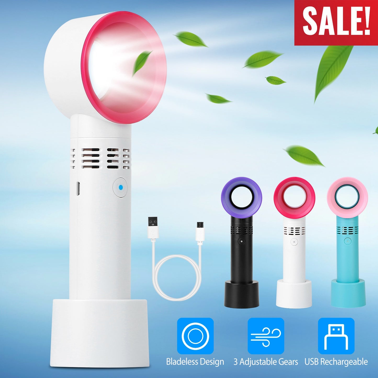 Portable Handheld Bladeless Fan Rechargeable Cooling USB Fan Desktop Use Fan w/ 3 Gears LED Indicator Cooling Fan