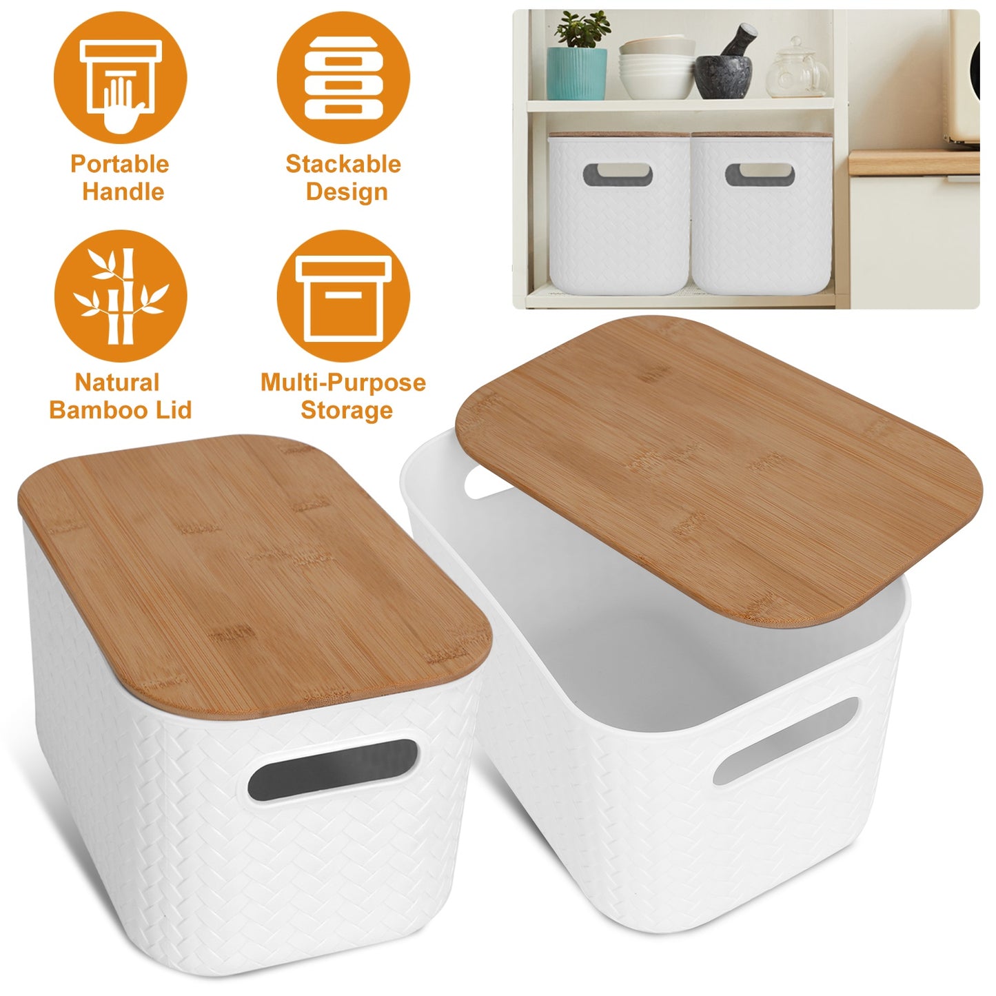2Pcs Storage Bins with Bamboo Lids Stackable Plastic Storage Container with Handle Storage Box Accessories Holder for Bedroom Kitchen Shelf Closet