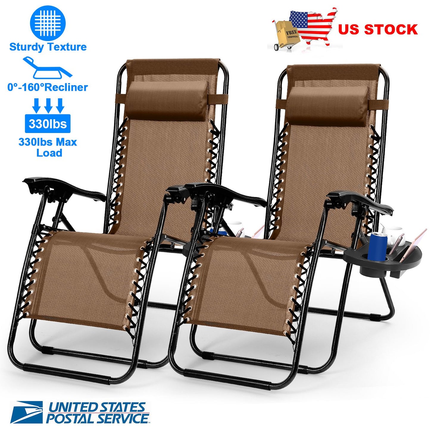 2Packs Zero Gravity Lounge Chair w/ Dual Side Tray 330lbs Load Foldable Recliner Chair w/ Stress Relief Pillow Patio Poolside Beach Lying Chair