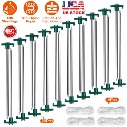 Tent Pegs Ropes Set 20Pcs 9.8in Heavy Duty Tent Stakes Nails Spike with 4x 9.8ft Nylon Ropes Tent Pop Up Canopy Stakes