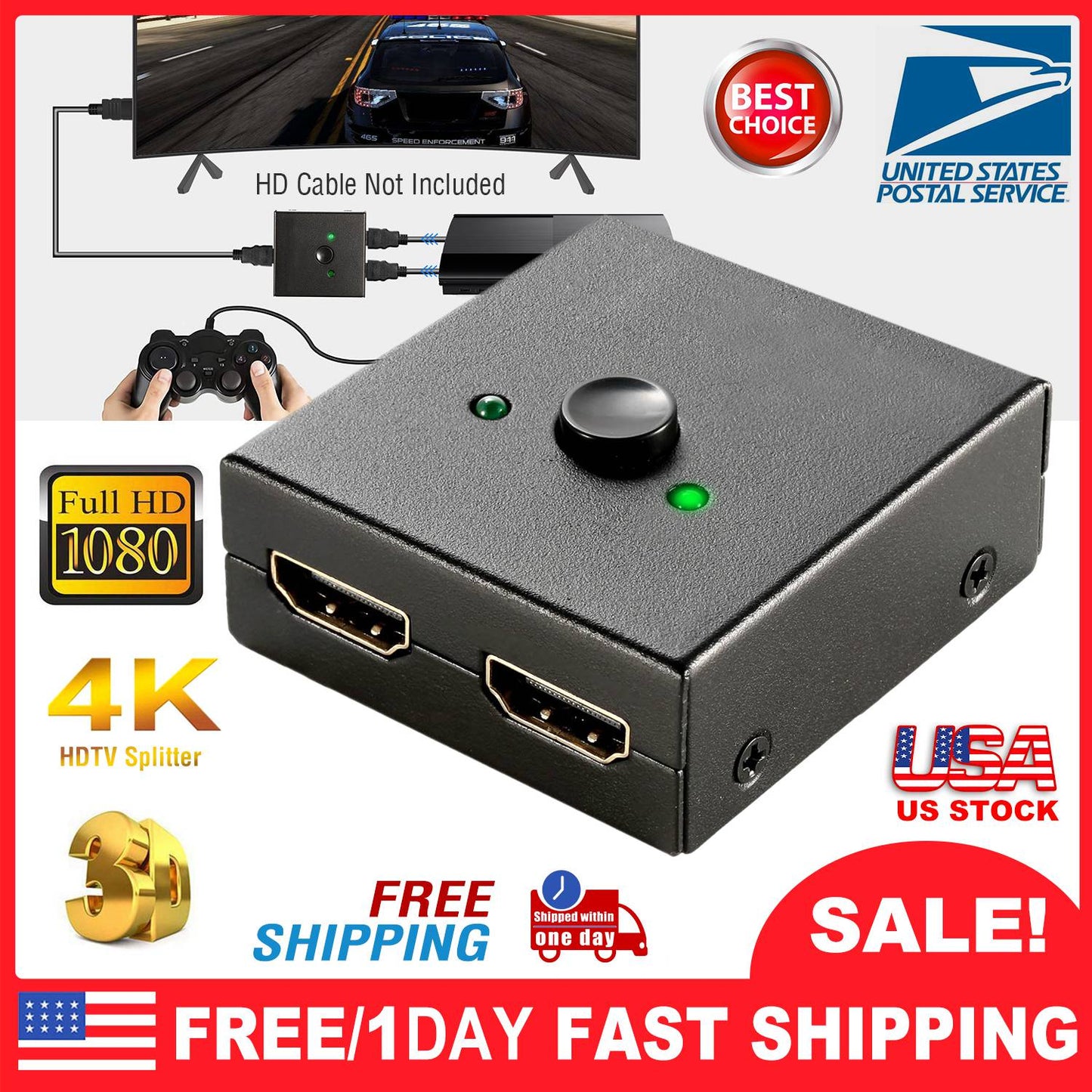 HD IN & HD OUT Bi-directional Switch Adapter 1x2 or 2x1 4K HDTV Splitter Converter Hub Manual Switcher Supports HD 3D 1080P for DVD HDTV Projector Dis