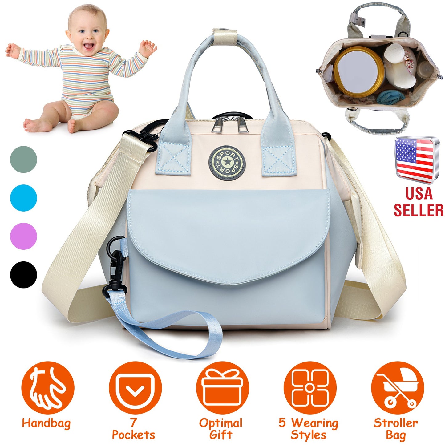Baby Nappy Diaper Bag with 6 Pockets Burp Cloth Adjustable Shoulder Strap Detachable Small Bag Multifunctional Diaper Changing Bag with 2 Insulated Po