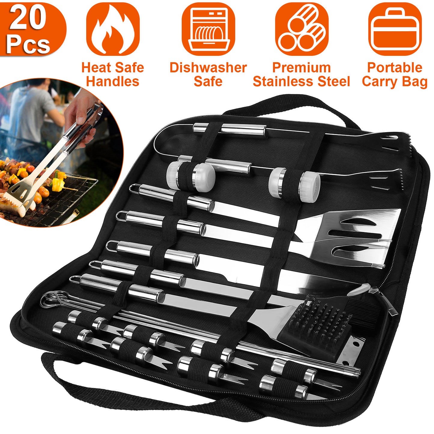 Stainless Steel BBQ Grill Tool Kit Grilling Utensil Accessories w/ Spatula Tongs Fork KnifeBrush Pepper Salt Shaker Bottle Grilled Skewers Corn Need