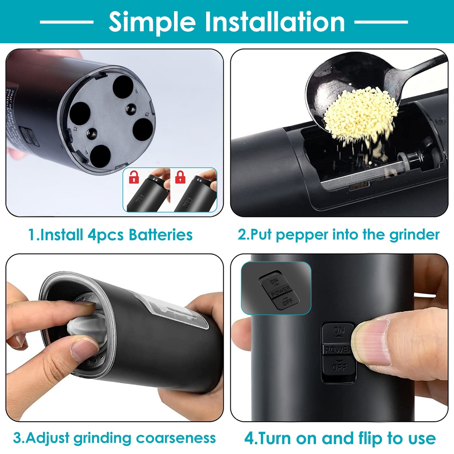 Electric Salt and Pepper Grinder Automatic Gravity Sensor Battery Powered Salt Mill LED Indicator Adjustable Coarseness One Hand Easy Operation