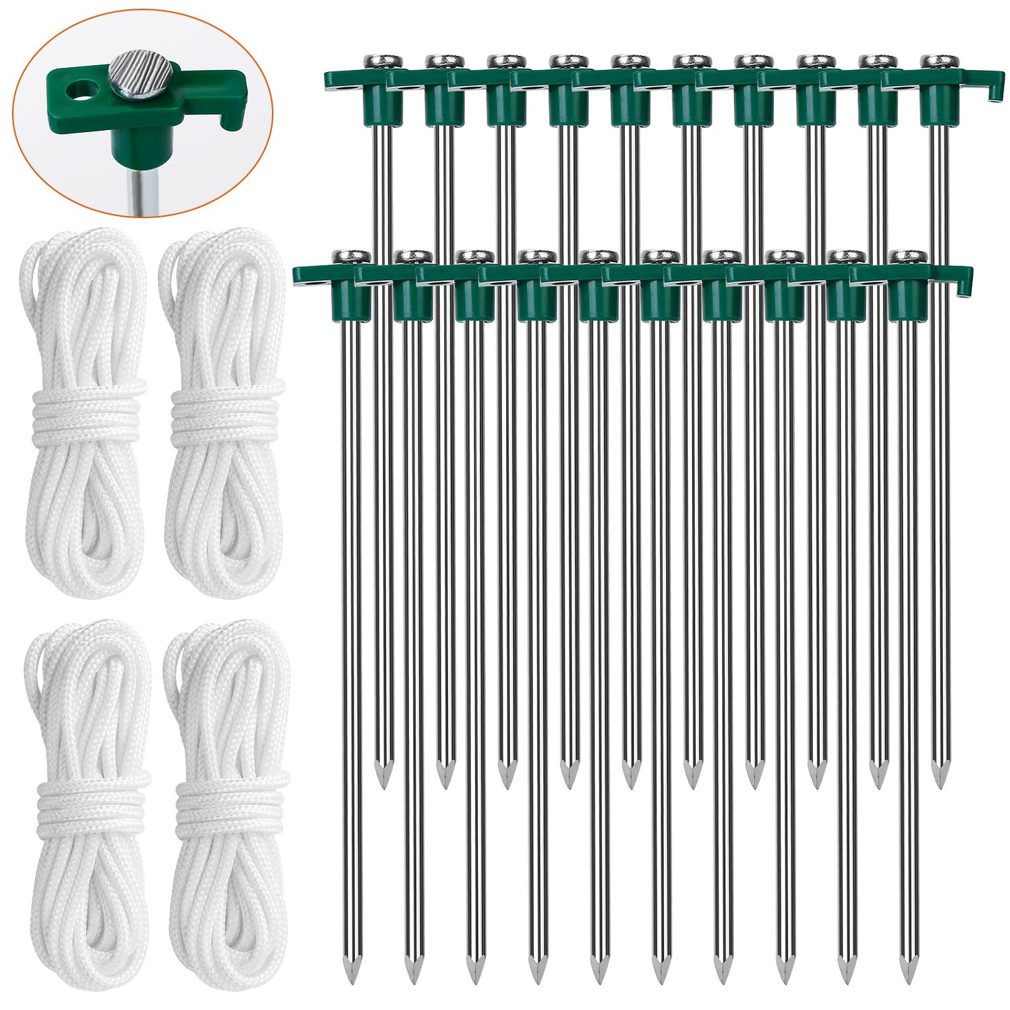 Tent Pegs Ropes Set 20Pcs 9.8in Heavy Duty Tent Stakes Nails Spike with 4x 9.8ft Nylon Ropes Tent Pop Up Canopy Stakes