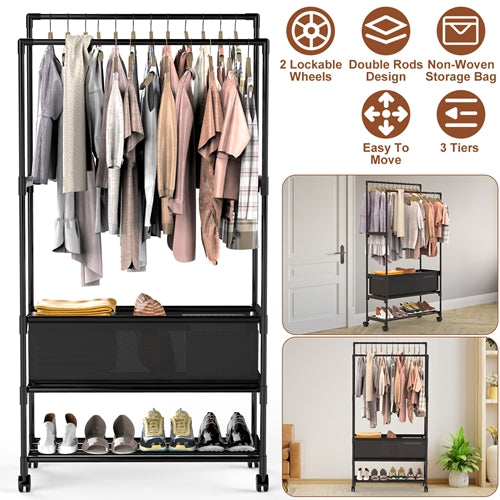 Double Rod Garment Rack – Adjustable, Portable with Shelves & Wheels