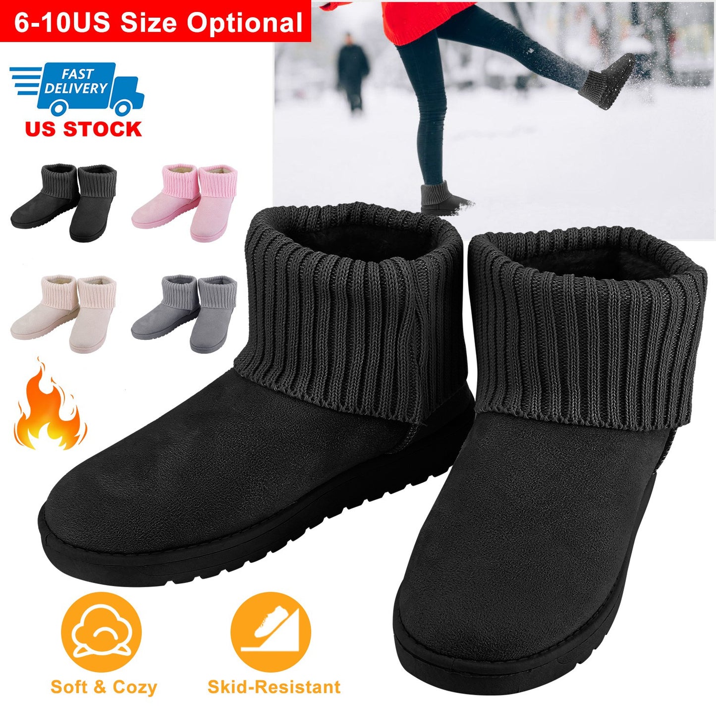 Women Lady Snow Boots Suede Mid-Calf Boot Shoe Short Plush Warm Lining Shoes w/ Anti-slip Rubber Base Knitting Design