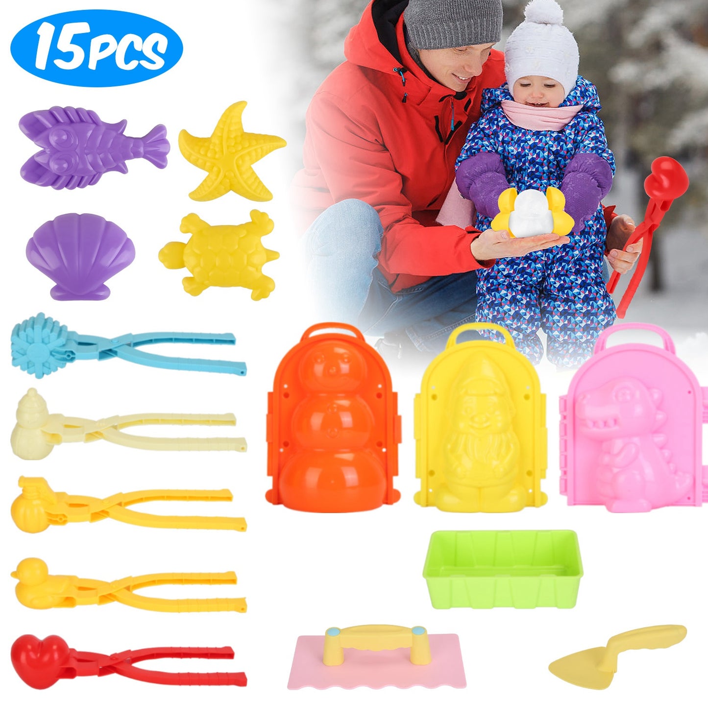 15Pcs Winter Snowball Tool Kit Kids Snow Molds Outdoor Snow Beach Toys for Kids Toddlers Adults Snowman Snowflake Duck Dinosaur