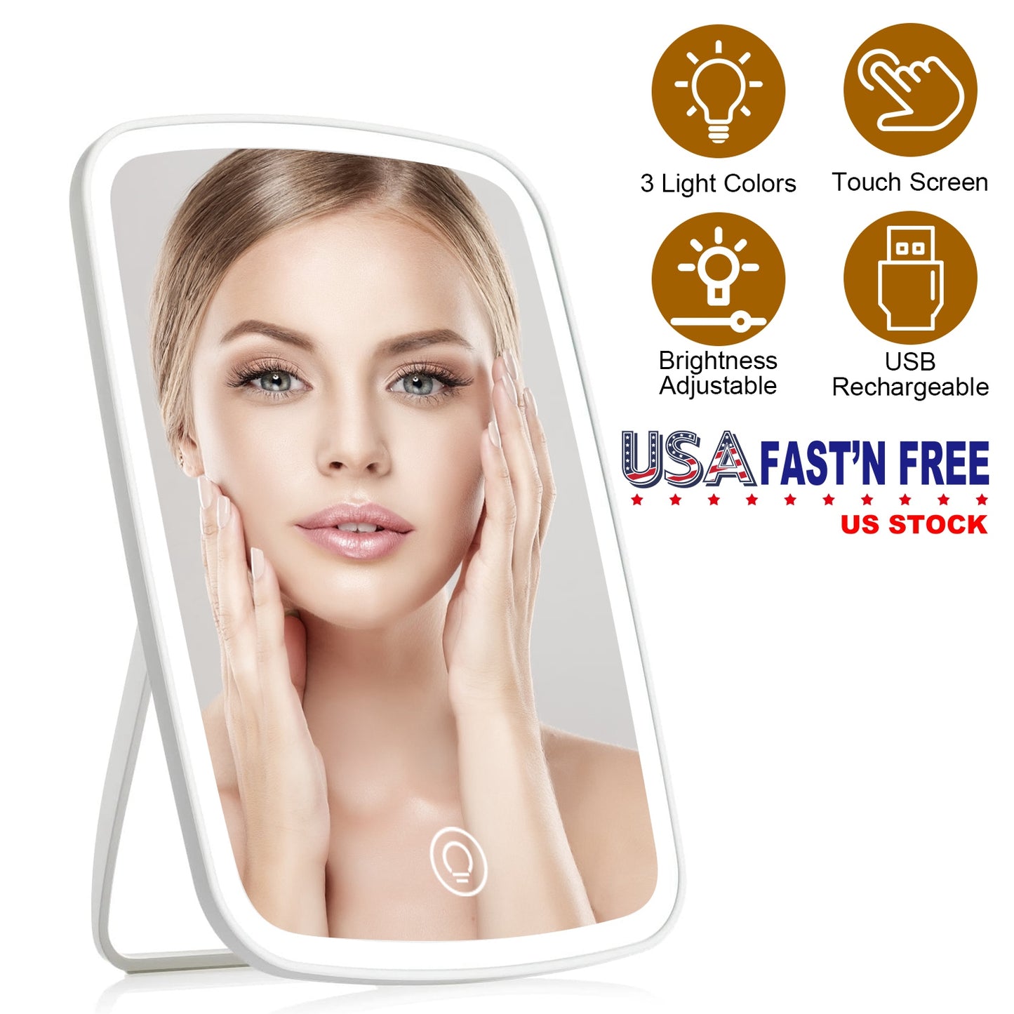 5.98x8.62in Lighted Makeup Mirror Vanity Desk Mirror Small LED Mirror with 3 Light Colors Touch Screen Brightness Adjustable USB Rechargeable