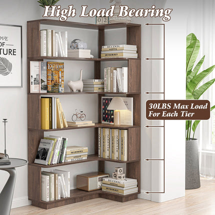 5-Tier L-Shaped Corner Bookshelf with 6 Open Shelves