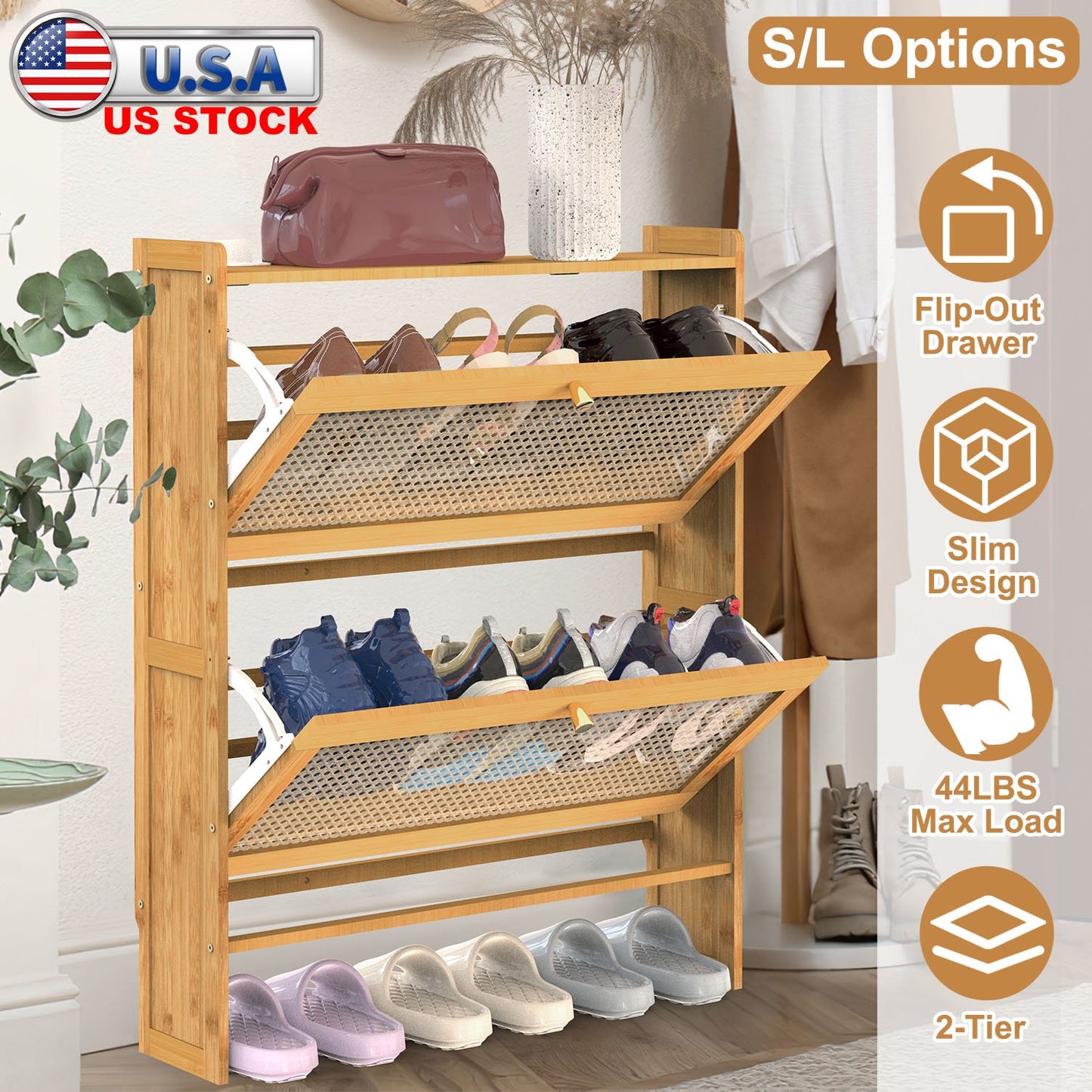 2-Tier Shoe CabinetÊwith 2 Flip Drawers Slim Bamboo Shoe Rack Freestanding Narrow Shoe Organizer with 44lbs Max Load for Entryway Hallway