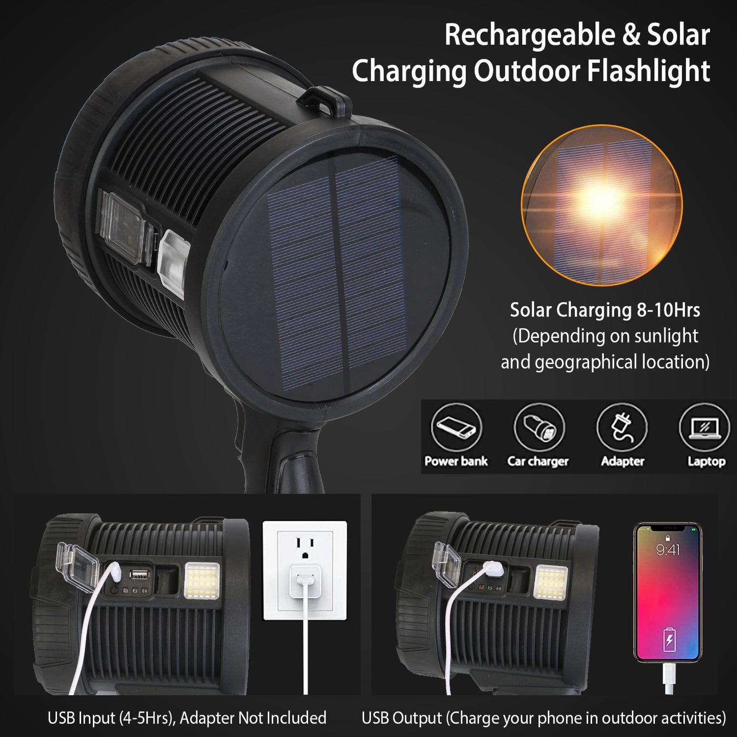 30000LM Rechargeable LED Searchlight IPX6 Waterproof Portable Handheld Spotlight Flashlight with 3 Color Filter Lens 6 Lighting Modes