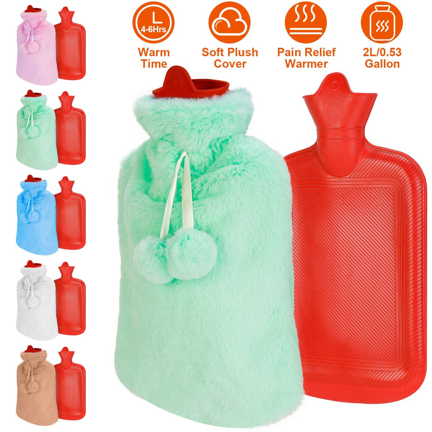 2L Hot Water Bottle w/ Plush Cover Classic Natural Rubber Hot Water Bag Feet WarmerÊFor Pain Relief Hot Compress Heat Therapy Warm Neck Shoulders