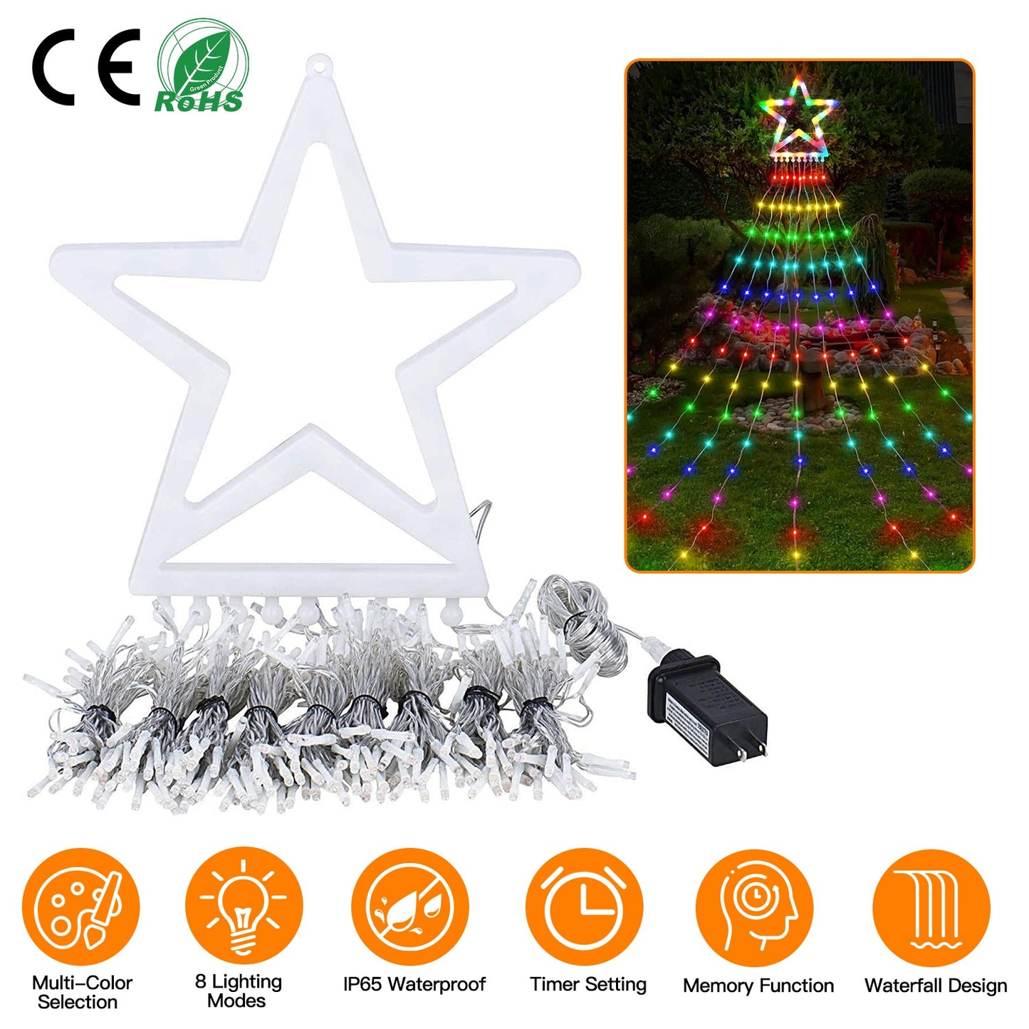 Christmas Hanging Waterfall String Light with Topper Star IP65 Waterproof Outdoor Plug In Fairy Waterfall Tree Light with 8 Lighting Modes Timer Memor