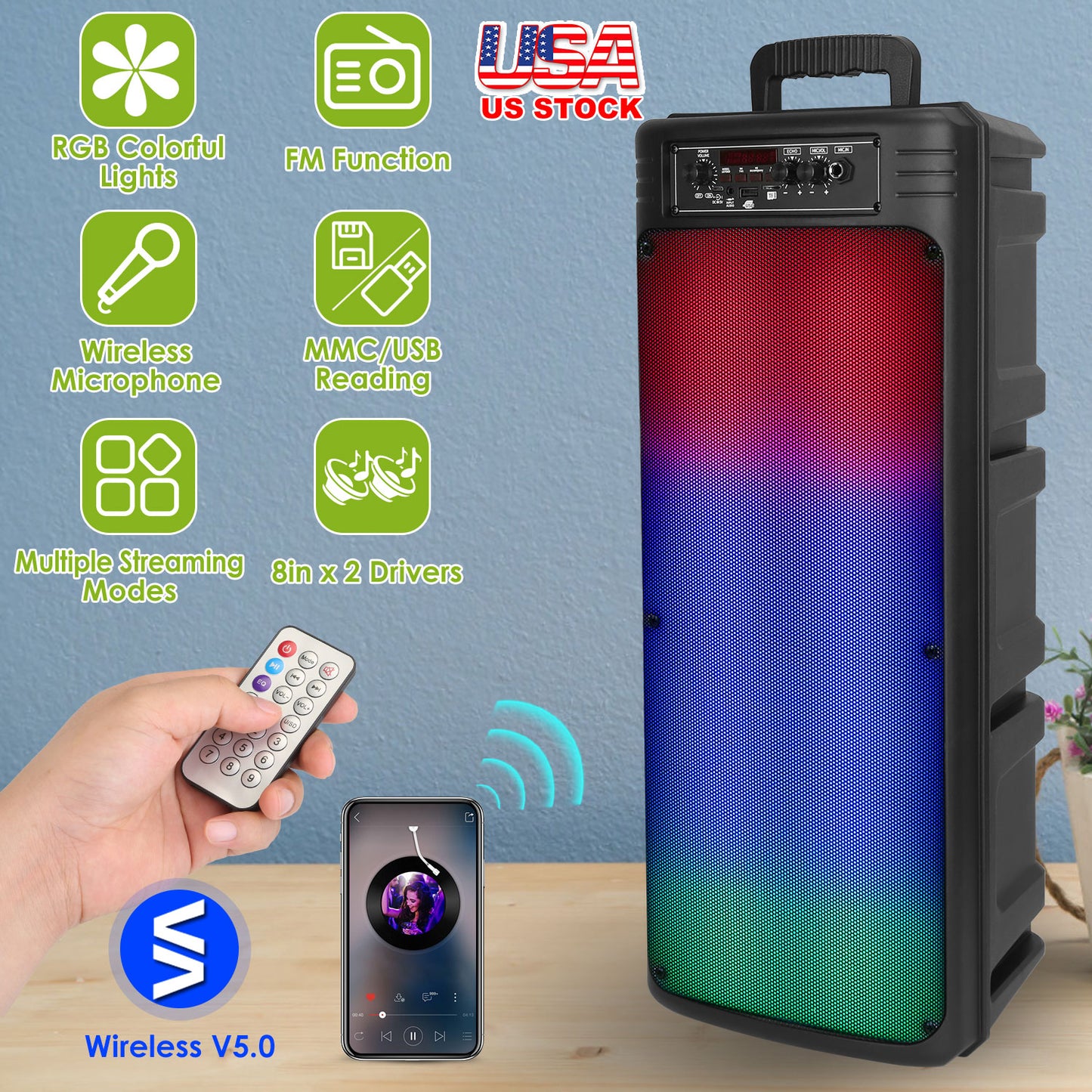 Portable Wireless Party Speaker Dual 8in Colorful Lights DJ PA System with TWS Function FM Radio USB MMC Card Reading Aux In Recording Function Wirele