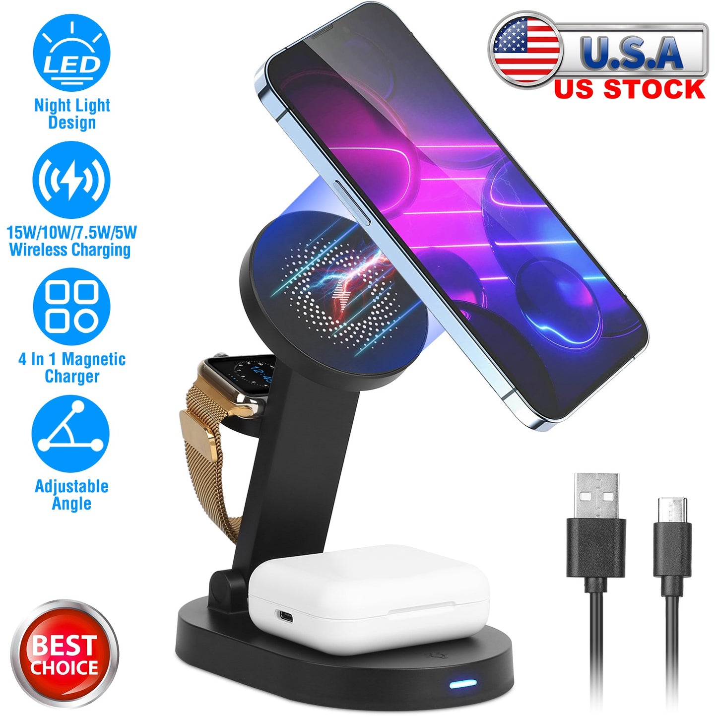 4 In 1 Magnetic Wireless Charging Station Dock Charger 15W Foldable Fast Charging Stand Fit for iPhone 13 12 Pro Pro Max Mini iWatch 7 6 5 4 3 2 1 Air