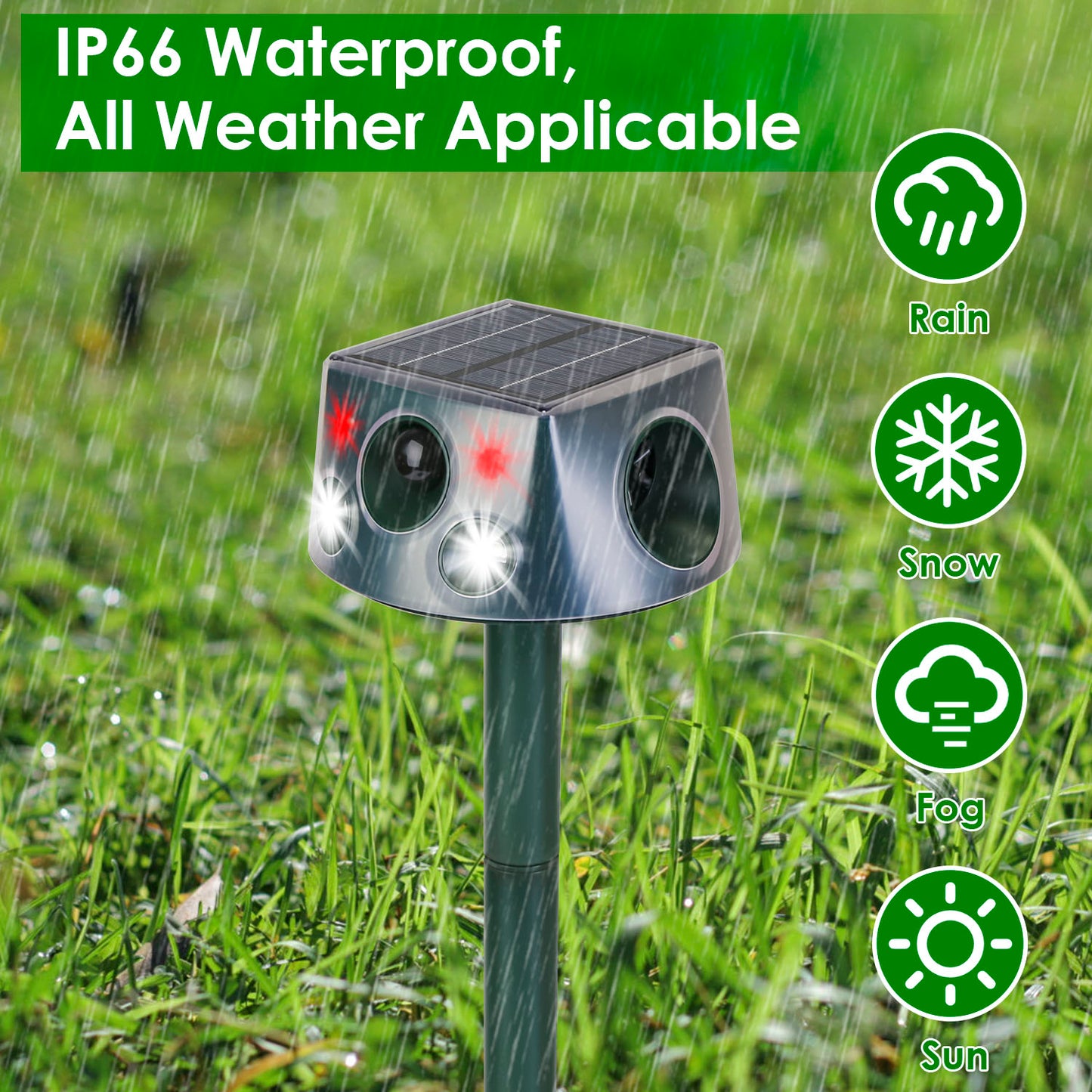 Ultrasonic Solar Animal Repeller Outdoor Mole Snake Squirrel Repellent Waterproof Bird Deer Dog Cat Deterrent with 3 Modes Motion Sensor Vibration Sta