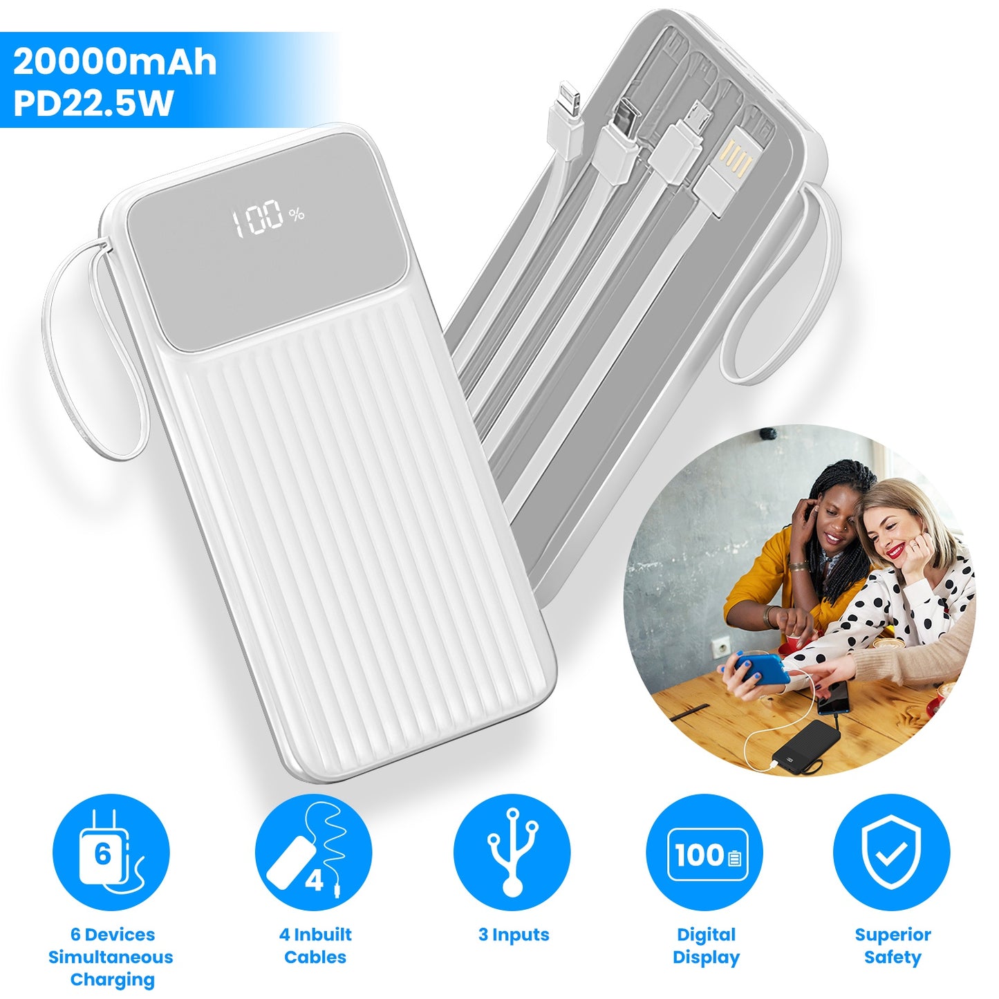 PD22.5W Fast Charger 20000mAh Fast Charging Power Bank Portable Charger with 4 Inbuilt Cables Digital Display Handle Fit For IOSPhone 15/14 Android An