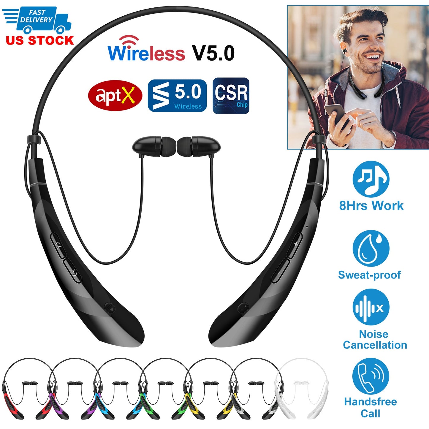 Wireless Neckband Headphones V5.0 Sweat-proof Sport Headsets Earbuds In-Ear Magnetic Neckbands Stereo Earphone Deep Bass Earphone w/Mic