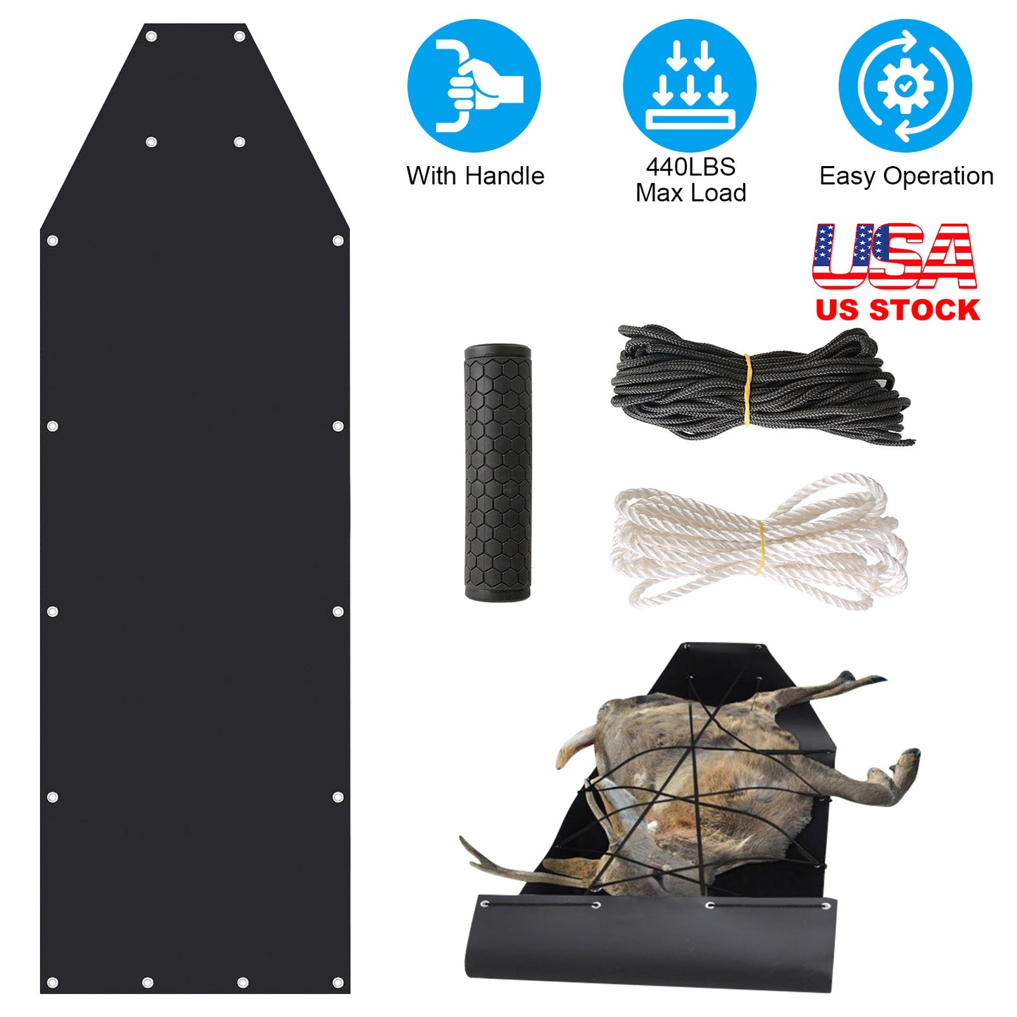 Deer Drag Sled with Handle Deer Cart Game Hauler Snow Sledding Pad Hunting Gear Supplies with 32.8FT Black Rope 16.1FT White Rope for Hunting Ice Fish