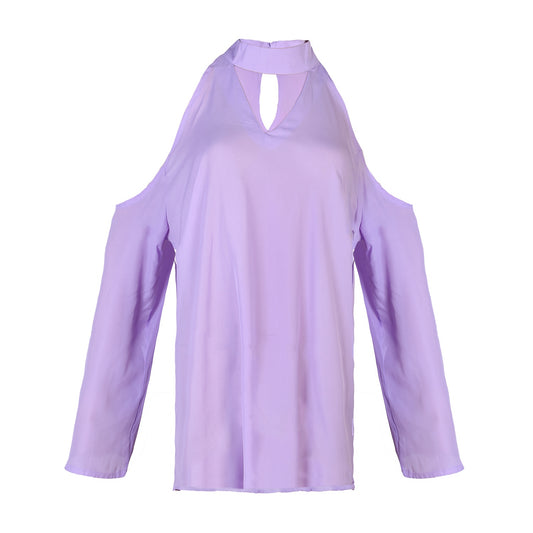 Women\'s Sexy Off The Shoulder Blouses Cold Shoulder Tops V-Neck Long Sleeve T-Shirt Solid Color Summer