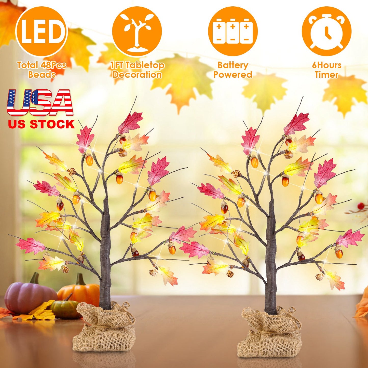 2Pcs 2FT Artificial Lighted Maple Tree With 24Pcs Warm White LED Beads 6Hrs Timer Battery Powered Artificial Fall Tree Tabletop Indoor Outdoor Fall De