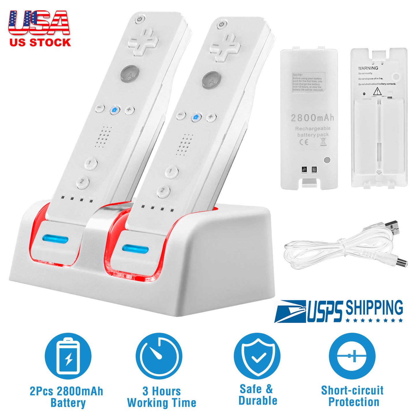 For Wii Remote Controller Charger Dual Charge Dock with Two 2800mAh Rechargeable Batteries