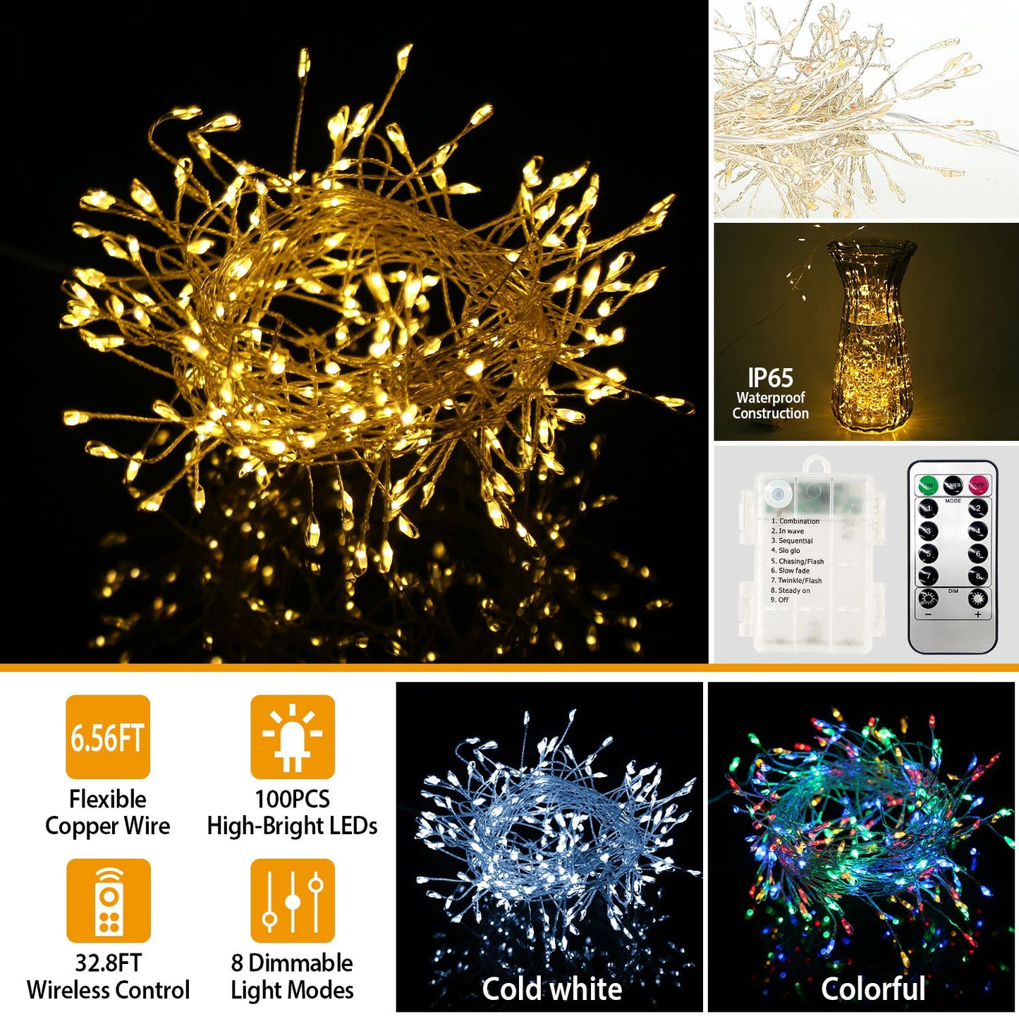 2M 100 LED Fairy String Lights Copper Wire w/Remote Control Party Xmas Decore Lights