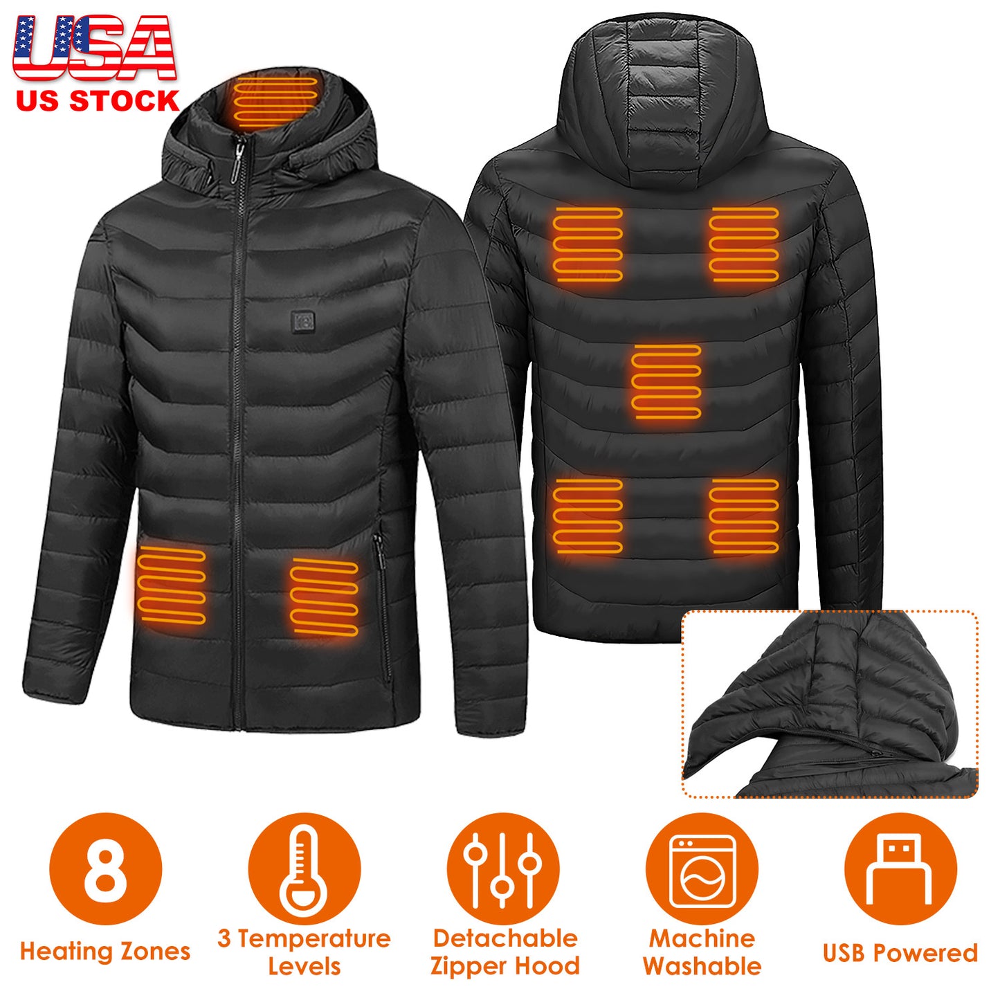 Heated Jacket Electric Heating Coat Lightweight Winter Hooded JacketÊwith 3-Level Heating Modes 8 Heating Zones Detachable Zipper Hood