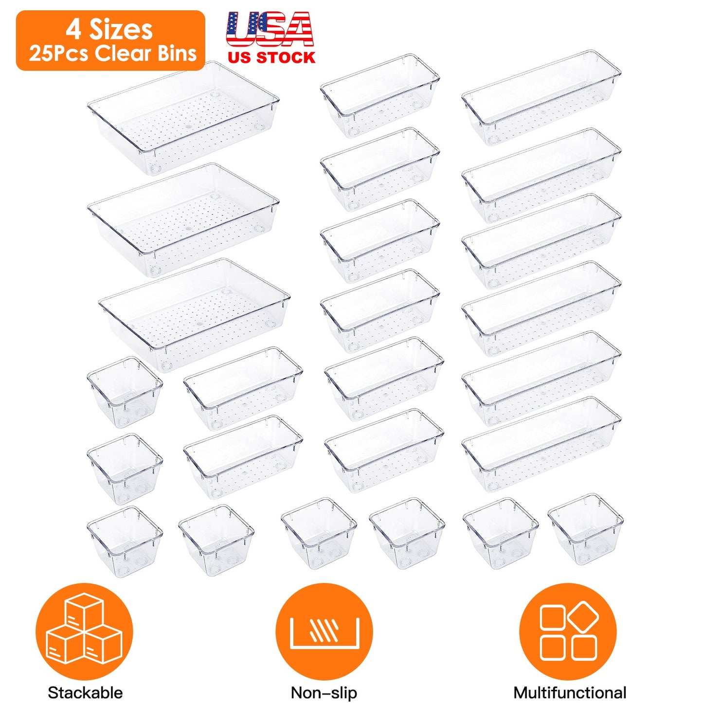 25Pcs Clear Plastic Drawer Organizers Set 4 Sizes Desk Drawer Dividers Trays Storage Bins for Vanity Cabinet Makeup Bathroom Office Kitchen Bedroom Je