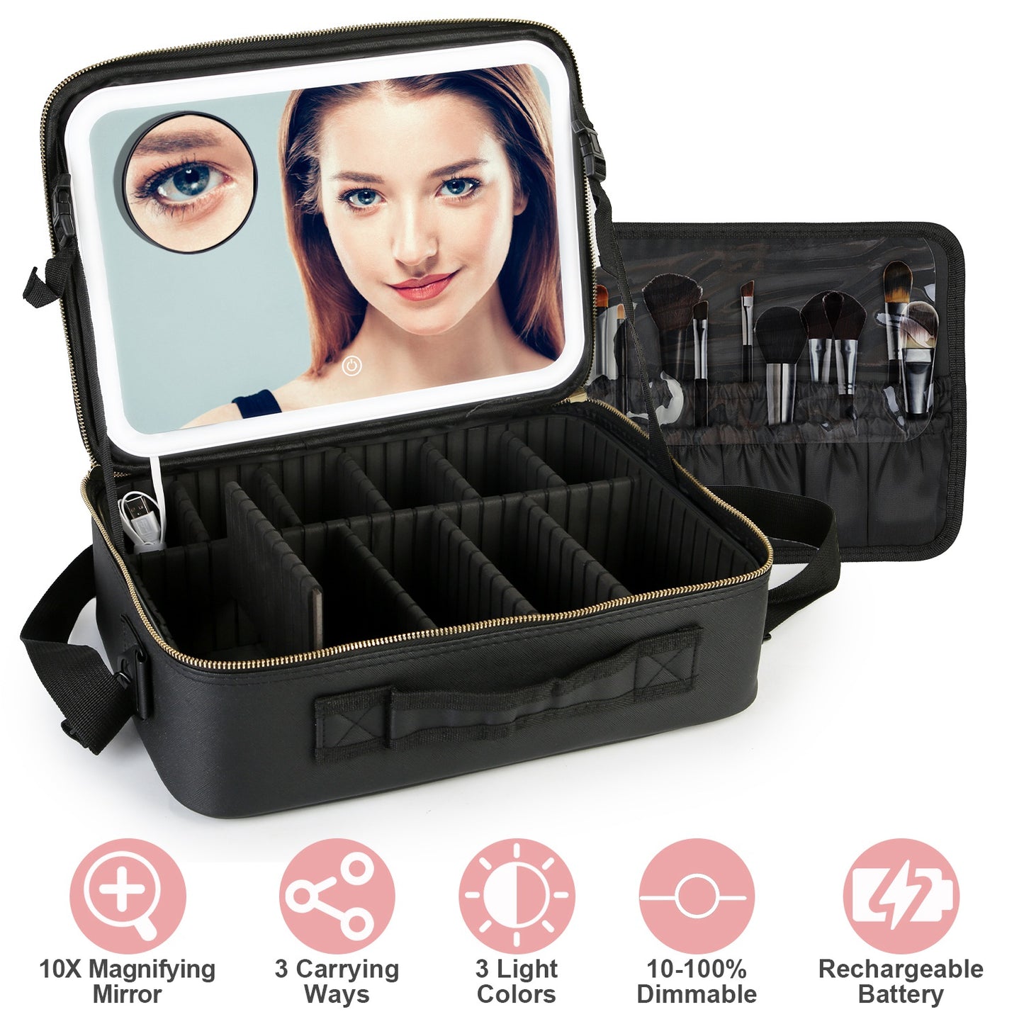 Travel Makeup Bag with LED Mirror Makeup Case Organizer with 3 Light Colors Adjustable Dividers Brush Holder Magnifying Mirror Shoulder Strap Luggage