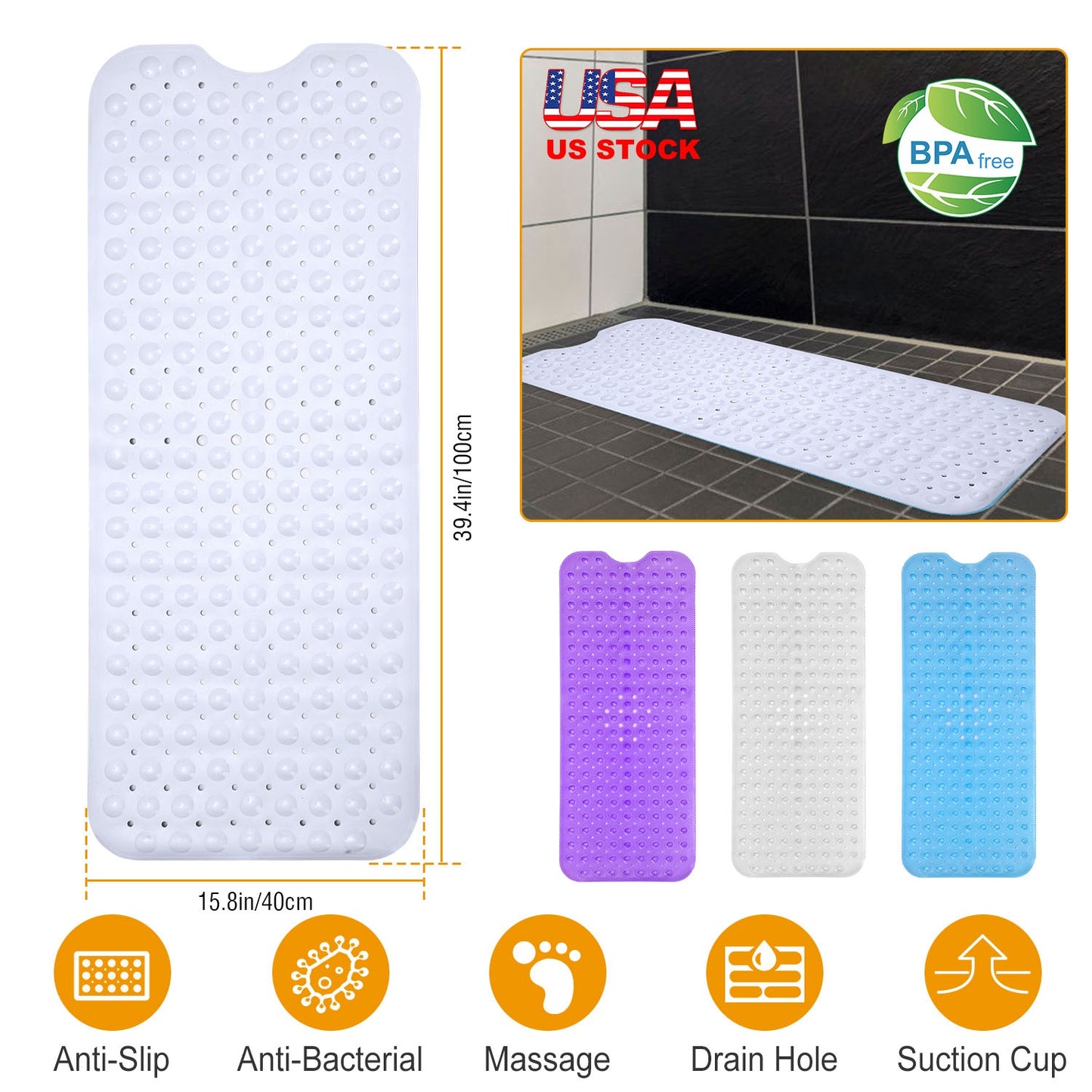 Bath Tub Mat Non-Slip Shower Mat BPA-Free Massage Anti-Bacterial with Suction Cups Washable for Bathroom Kitchen Pool