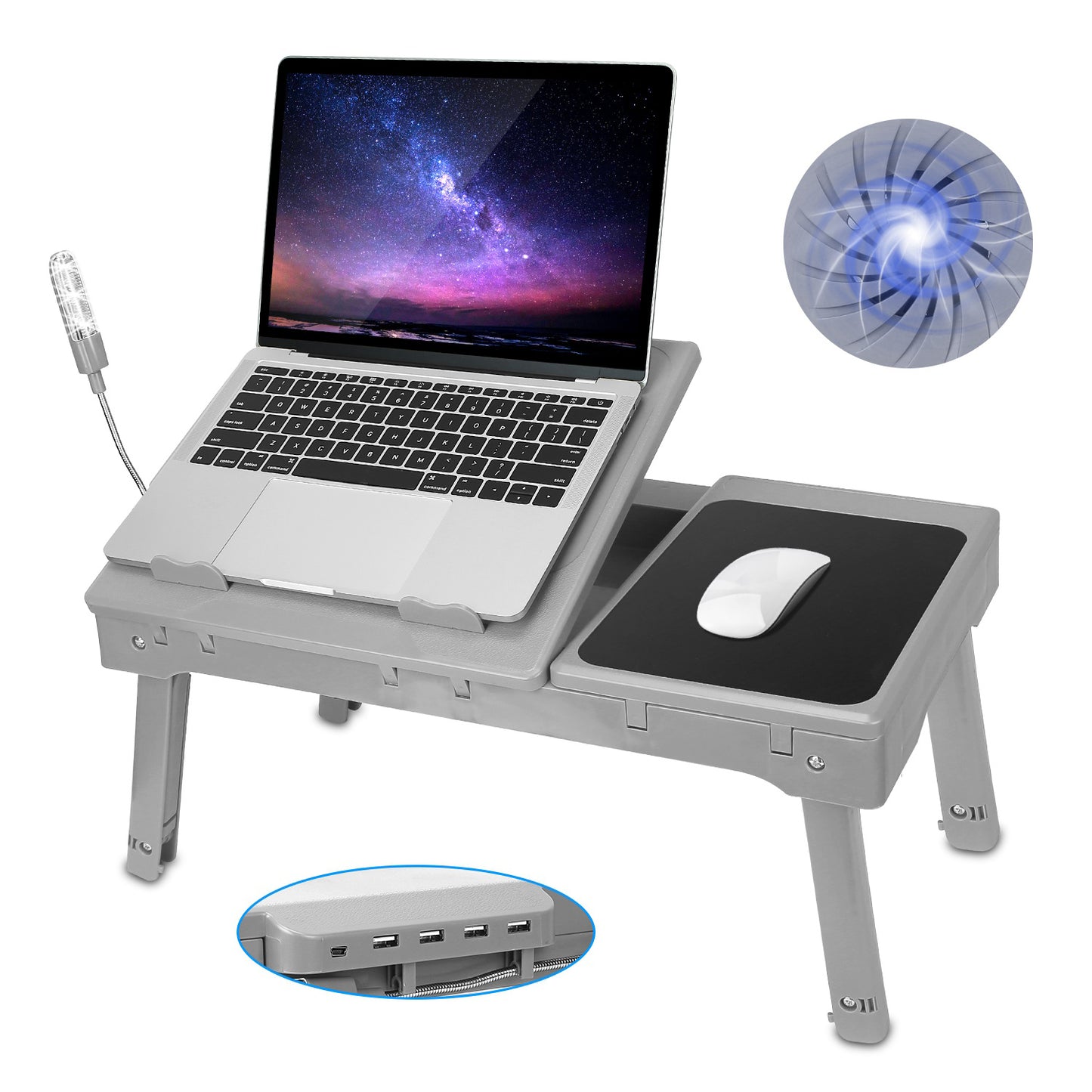 Foldable Laptop Table Bed Notebook Desk w/Cooling Fan Mouse Board LED light 4 x USB Ports Breakfast Snacking Tray with Storage Groove For Home Office