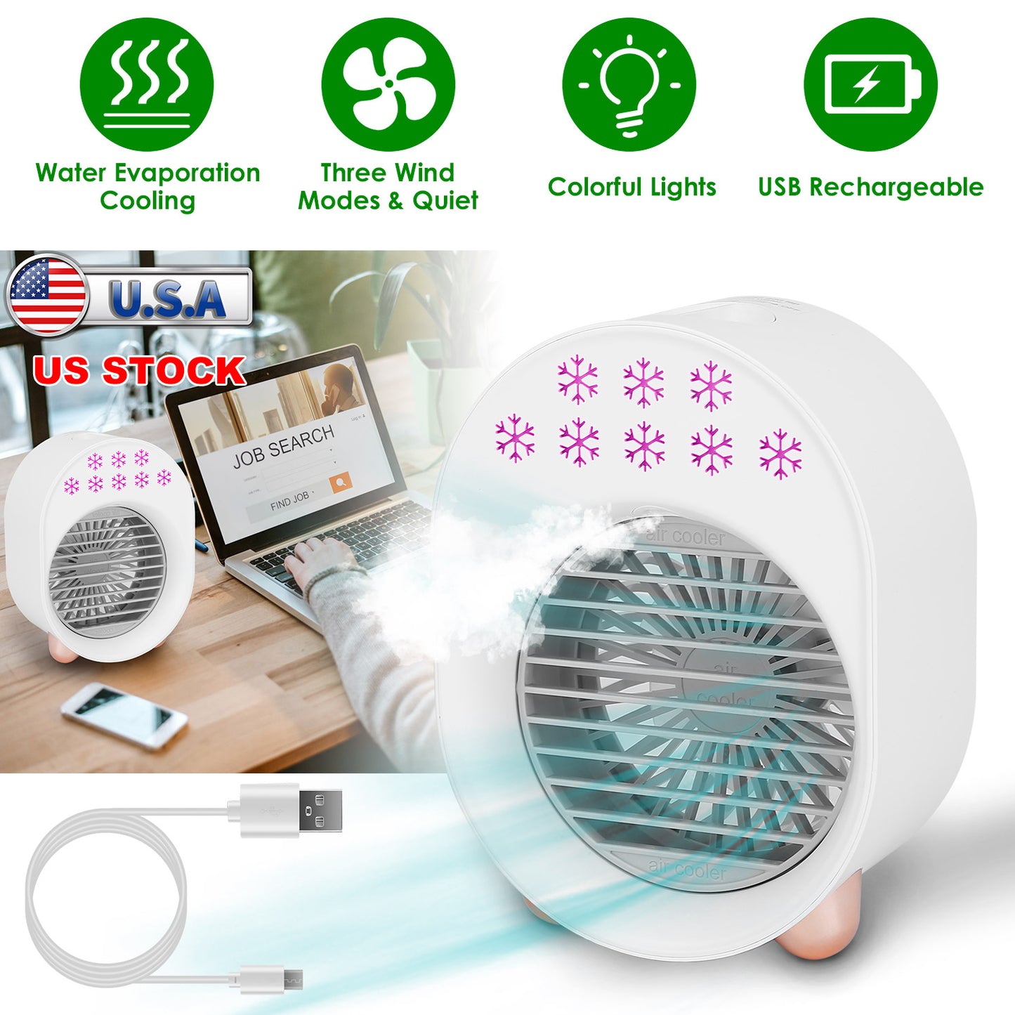 4 In 1 Portable Mini Desktop Air Conditioner Fan Water Mist Cooling Fan USB Rechargeable Humidifier Fan Evaporative Air Cooler 3 Wind Modes Colorful L